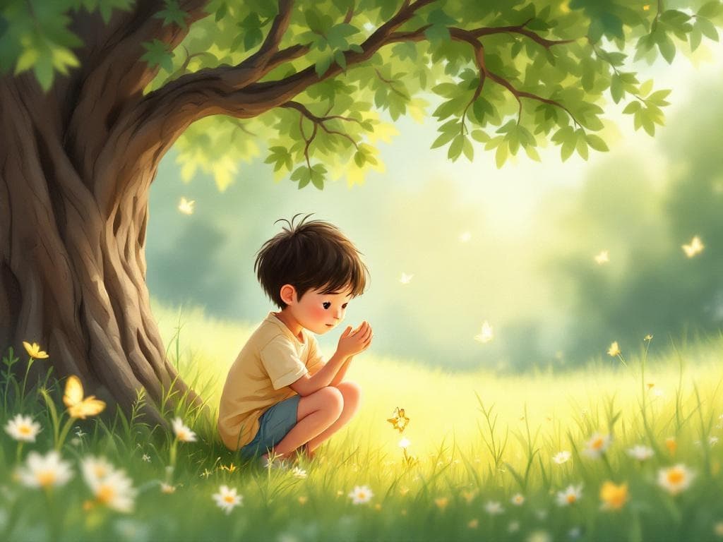 어느 화창한 아침, 민준이는 큰 떡갈나무 아래에서 작은 금빛 열쇠를 발견했어요. 삽화