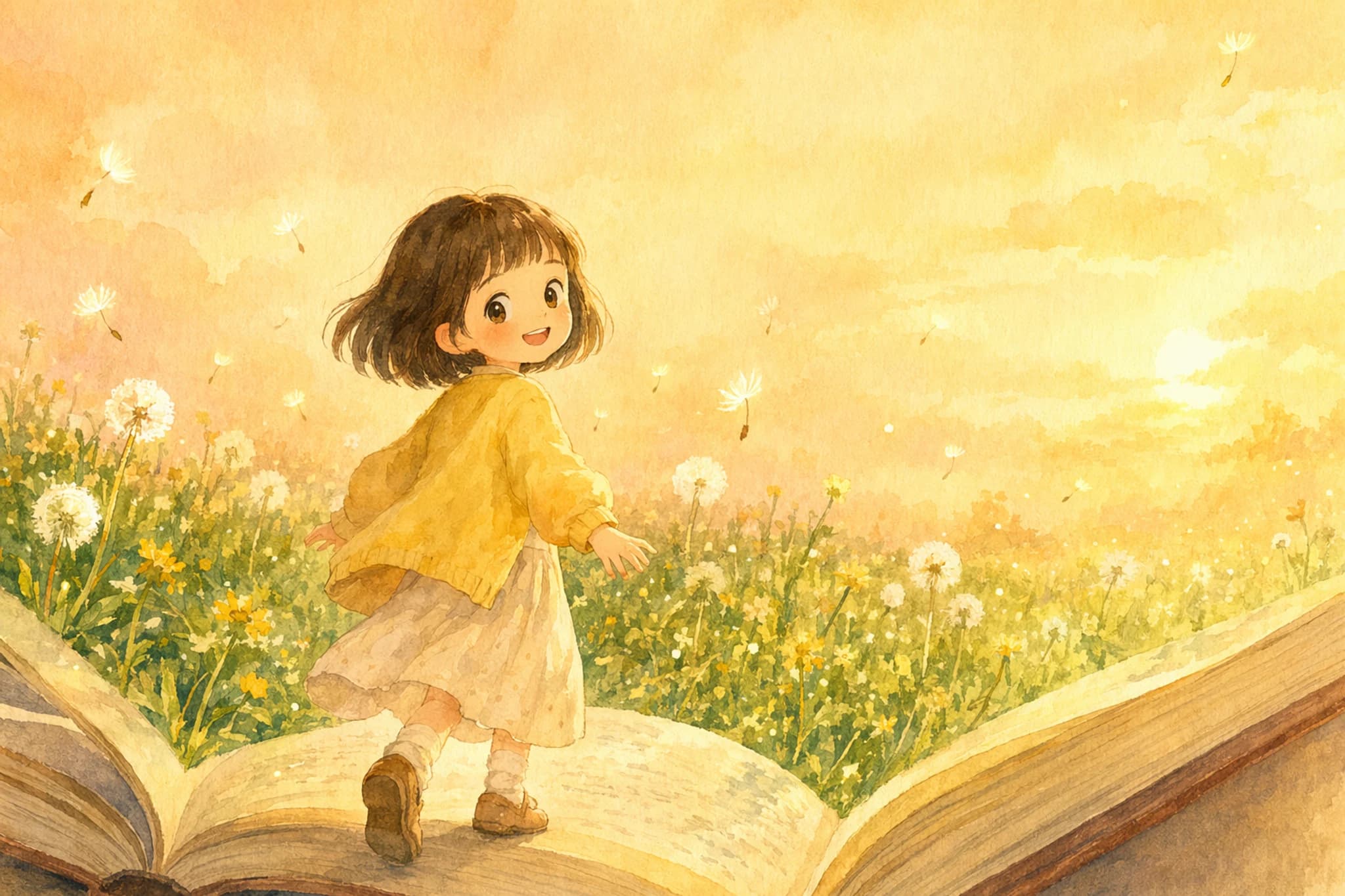 그림책 속 세계로 걸어 들어가는 아이 수채화 삽화